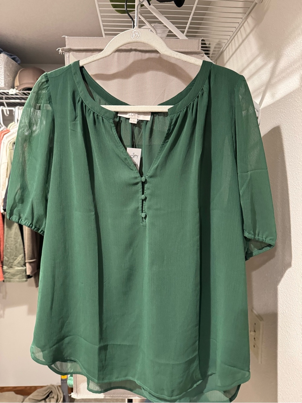 LOFT Emerald Green Short Sleeve Button-Front Blouse